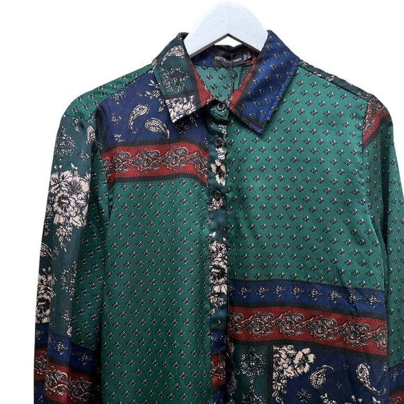 Pretty Little Thing Blouse Size 6 Blue Green Patchwork Print Oversized Button Up - Picture 3 of 9